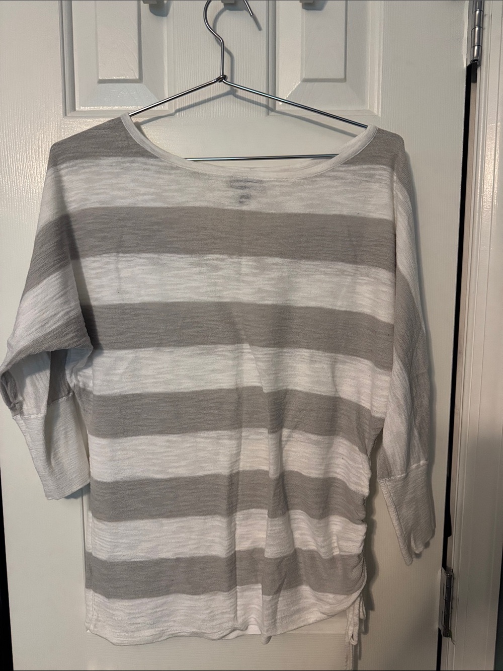 Express Gray & White Striped Boatneck asymmetrical hem with tie detail sweater